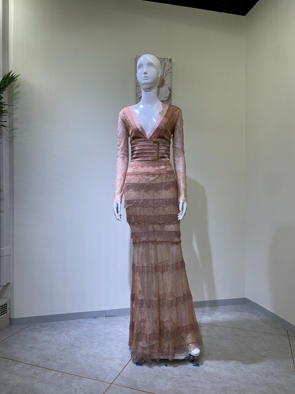 【レンタルドレス 4677】総レースウエストマークバックルデザインマーメイドロングドレス ピンク【ELISABETTA FRANCHI】